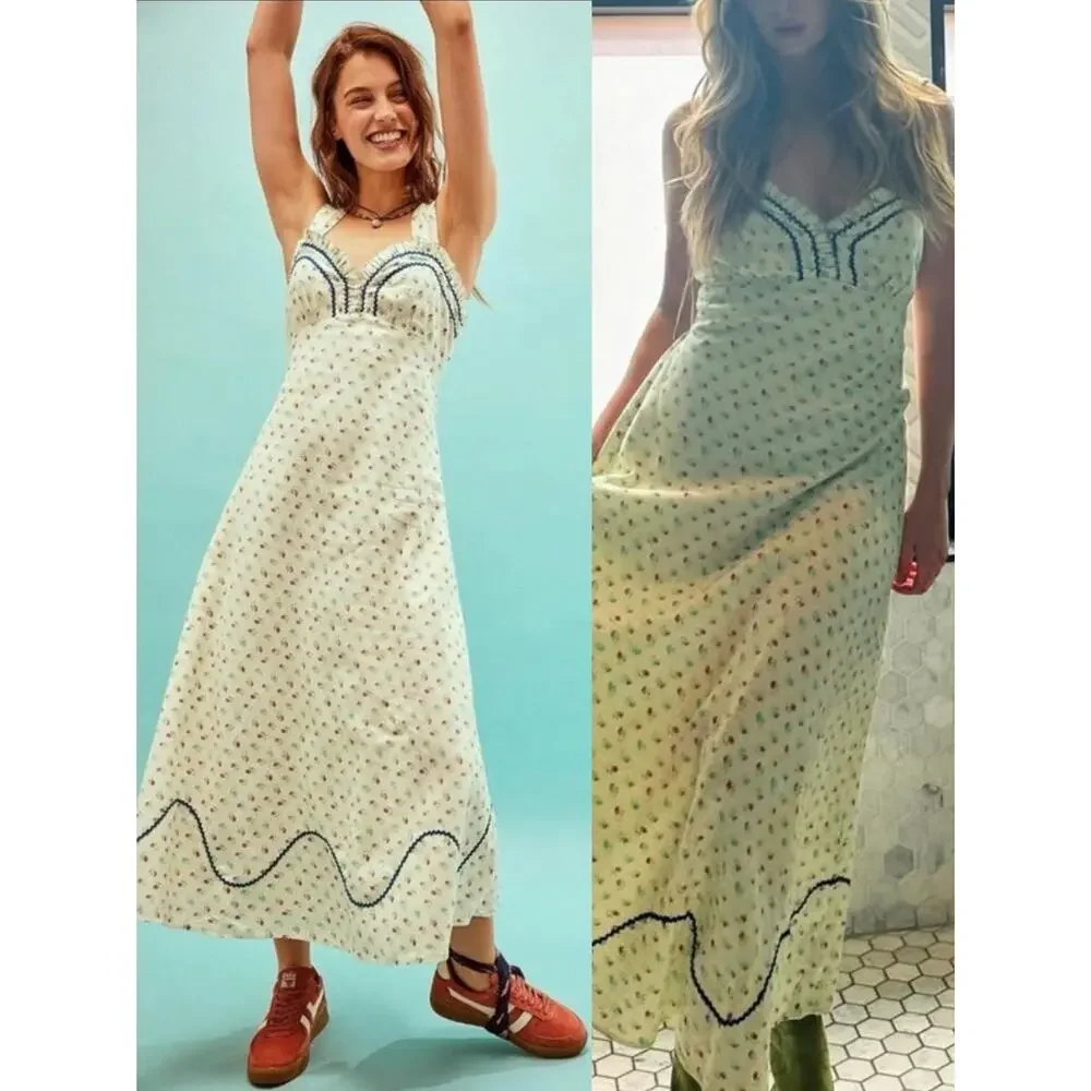 Free People Dainty Western Prairie Sweet Hearts Midi Dress in Ivory Combo Medium